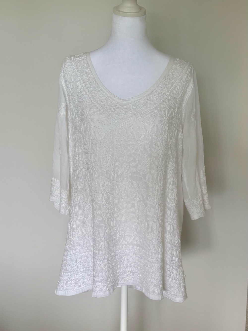 Gretchen Scott Sheer White Hand Embroidered Tunic Top